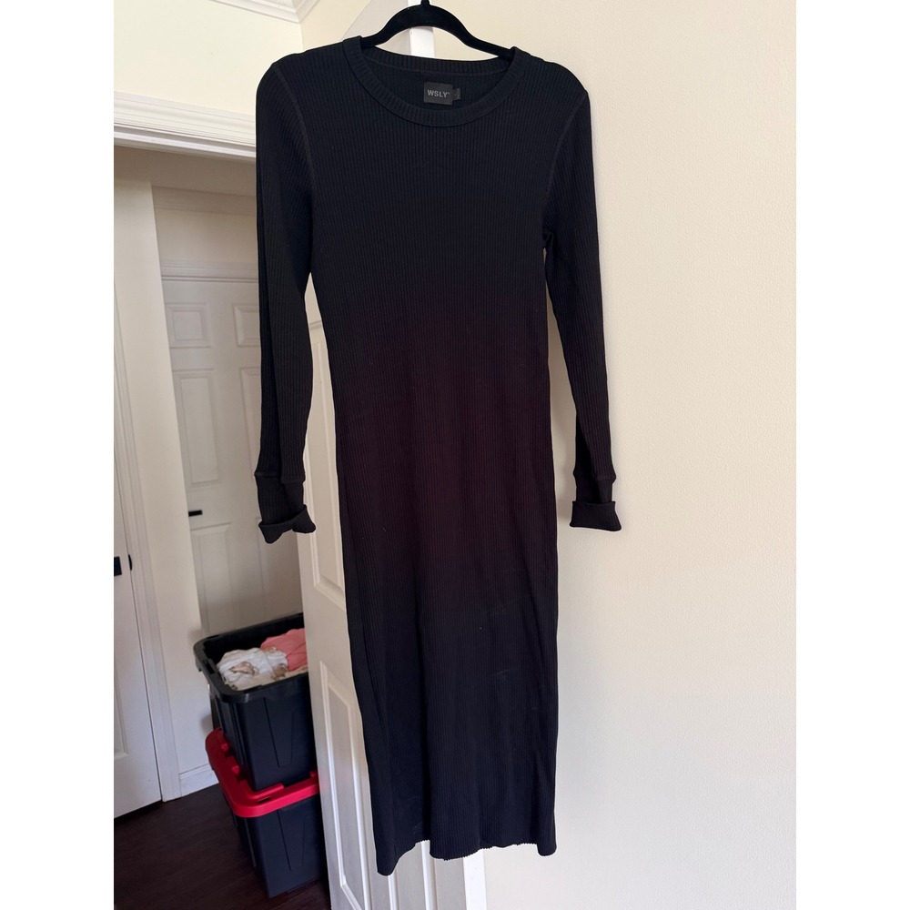 WSLY Rivington Ribbed Midi Dress Black Long Sleeve Tencel Bodycon Crew Neck L